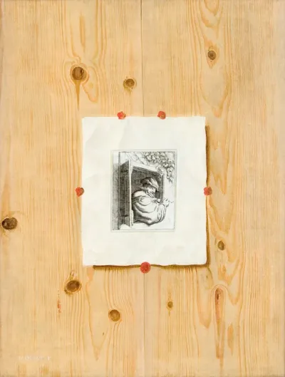 Trompe l´oeil. Bræddevæg med en radering af en mand med en pibe.
