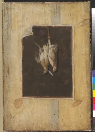 Trompe l'oeil. Bræddevæg med stilleben af to døde fugle ophængt på en væg