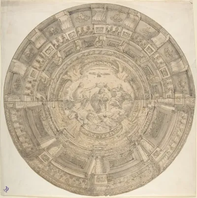 Trompe L'Oeil Ceiling with the Coronation of the Virgin and a Variant for the Decoration