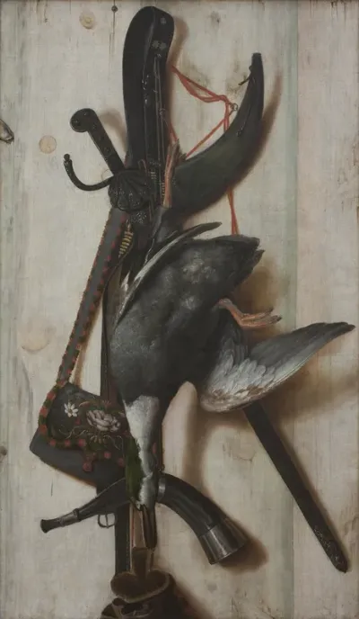Trompe l'oeil med død and og jagtredskaber