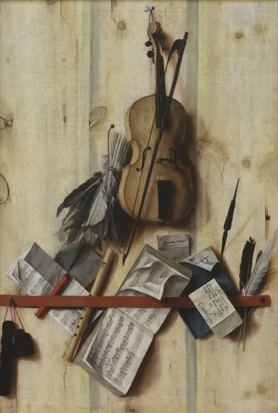 Trompe l'oeil med violin, nodehæfte og blokfløjte