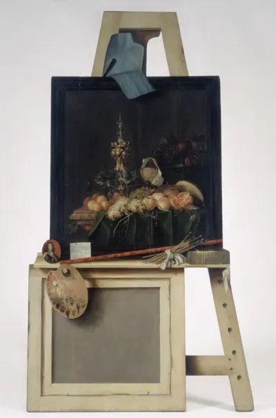 Trompe l'oeil-staffeli med frugtstykke. Udskåret i træ