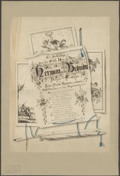 Trompe-l'oeil met een brief, drie tekeningen en een ganzenveer