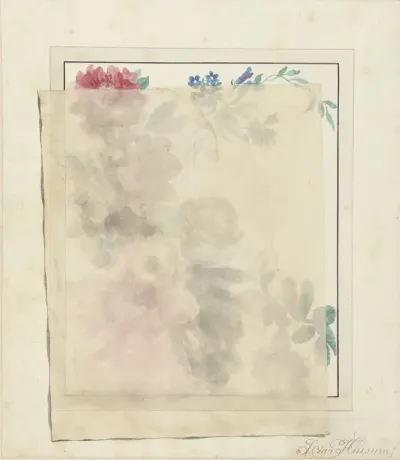 Trompe l'oeil van bloemenstilleven onder een vel vloeipapier