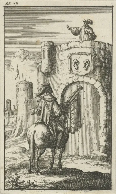 Trompetter te paard voor een gesloten vestingpoort