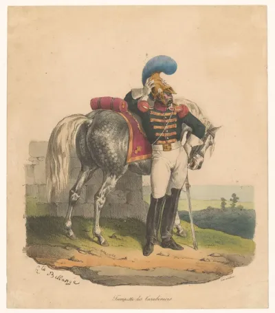 Trompetter van de karabiniers met paard
