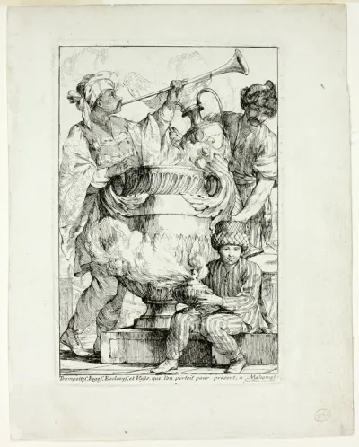 Trompettes, Pages, Esclaves, et Vases que l'on portait pour présent à Mahomet, from Caravanne du Sultan à la Mecque