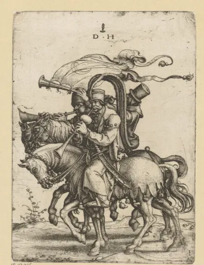 Trompettist en twee hoboïsten te paard