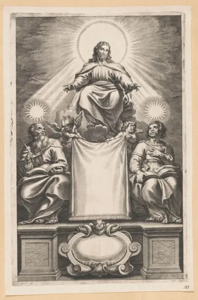 Tronende Christus met twee mannen