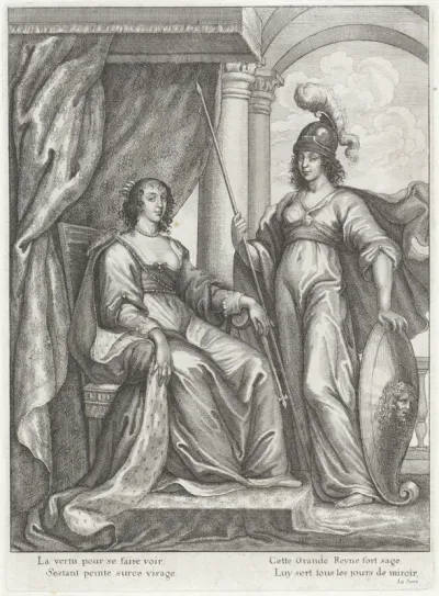 Tronende Henrietta Maria van Bourbon, koningin van Engeland