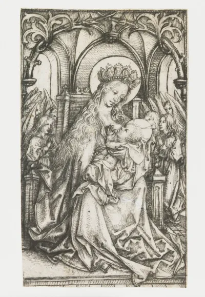 Tronende Madonna door engelen aanbeden