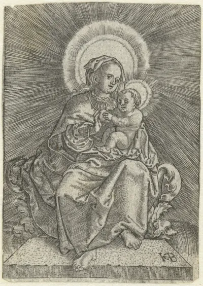 Tronende Maria met kind en appel in stralenkrans