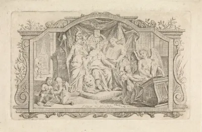 Tronende Nederlandse maagd met Vrijheid en Mercurius