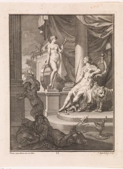Tronende vrouwfiguur kijkt op naar Venus