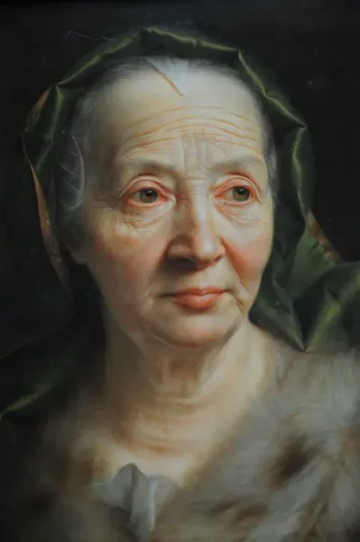 Tronie of an old woman with a green head scarf