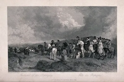 Troops attending a muster in Scotland play the game of popinjay, watched by crowds of local people