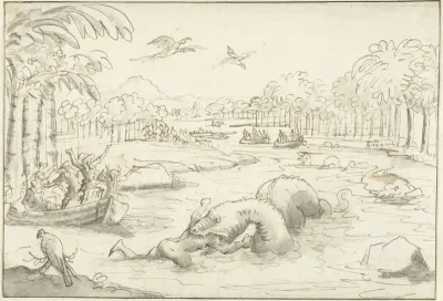 Tropisch landschap met een zeeslang die een man verslindt