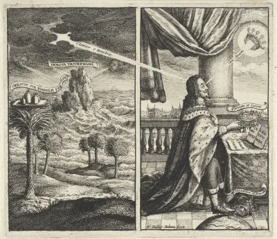Tropisch landschap met woeste zee / Goddelijke kroning van koning Karel I van Engeland