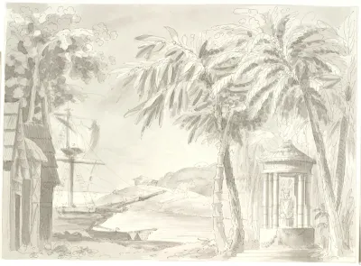 Tropisk kystlandskab med palmer, skib og lille tempel (Buddha?)
