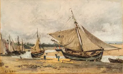 Trouville, bateaux de pêche échoués dans le chenal