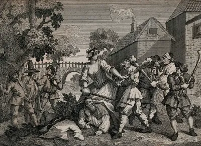 Trulla holding a sword stands over Hudibras and restrains a man bearing a club; Ralpho is held between two men