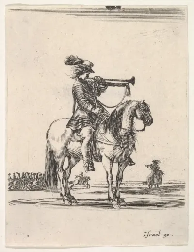 Trumpeter on horseback facing right, a group of horsemen in the background, from "Various cavalry exercises" (Diverses exercices de cavalerie)