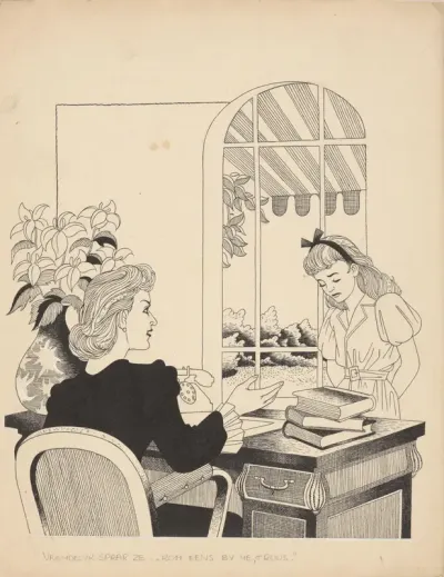 Truus staat aan het bureau van een vrouw