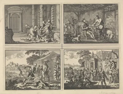 Tsaar Fedor Borissowitz sterft vergiftigd in de gevangenis, 1605 / Philips II, koning van Spanje wordt opgenomen in de hut van een arme boer, ca. 1560 / Wirich von Daun, graaf van Falkenstein, bij een watermolen door Spanjaarden vermoord, 1598 / Monn
