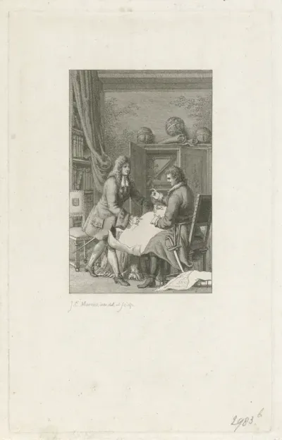 Tsaar Peter de Grote en burgemeester Nicolaes Witsen bestuderen een kaart, 1697