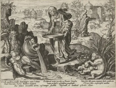 Tuccia met een zeef aan de waterkant