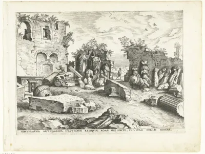 Tuin met brokstukken van antieke beelden