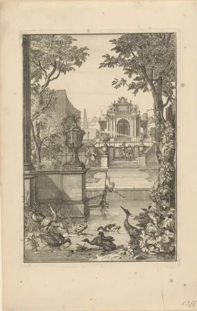 Tuin met paviljoen en watervogels