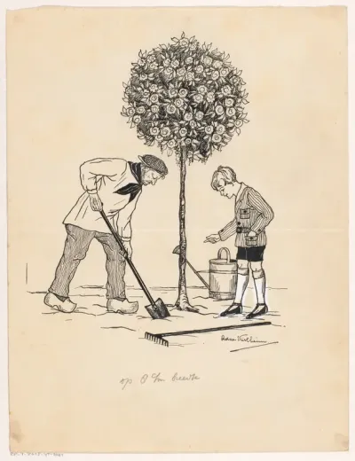 Tuinierende jongen en man bij een rozenboom