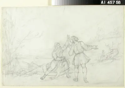 Tuli karkaa, luonnos Kalevala-aiheiseen piirrossarjaan ; Vene saapumassa rantaan (kaksipuolinen teos)