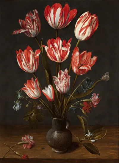 Tulips and carnations in an earthenware vase