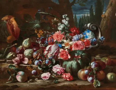 Tulips, daffodils, roses and other flowers with various fruit and a silver vase