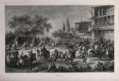 Turkish men riding on horseback in a tournament watched by people on a balcony