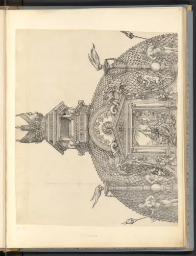 Turmbekrönung und Misterium (Die Ehrenpforte Kaiser Maximilians I., Mittelportal, A 4, Bekrönung)