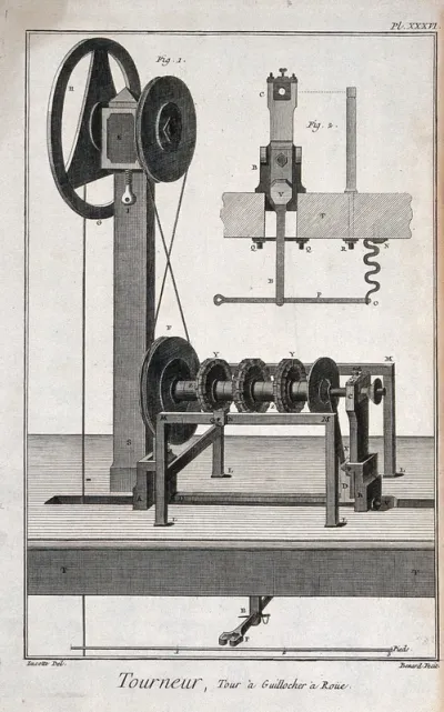Turning: a turner's workshop, a man working the crank of a large lathe, tools ranged around the walls