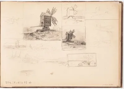 Tuulimylly, neljä harjoitelmaa. Maisemia. Todennäk. 1880-luvun jälkipuol.