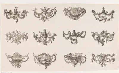 Twaalf ornamenten met allegorische objecten en figuren