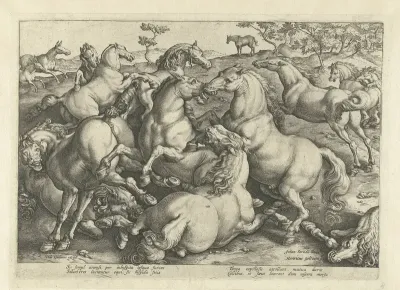 Twaalf vechtende paarden