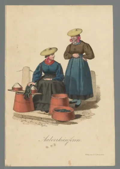 Twee aalverkoopsters op straat