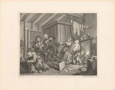 Twee artsen in discussie, met Moll Hackabout stervende in een stoel