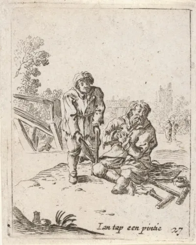 Twee bedelende mannen op krukken
