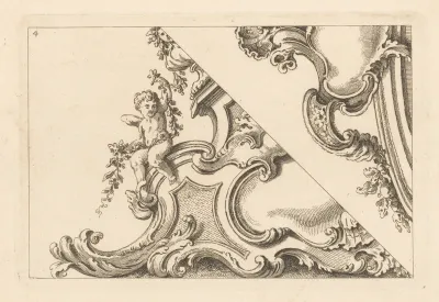 Twee bekroningen met cartouches en putto