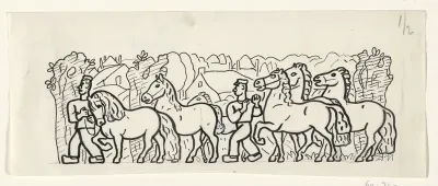 Twee boeren leiden hun paarden door een dorp