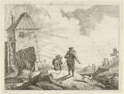Twee boeren met een hond op een landweg