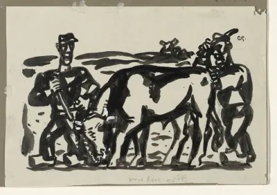 Twee boeren met een koe