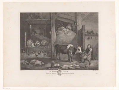 Twee boeren voeren het vee in een stal